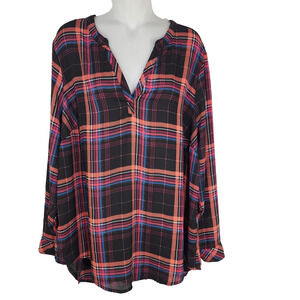 Torrid Blouse Womens Georgette Hi Low Pullover Long Sleeve Plaid Size 2X Sheer